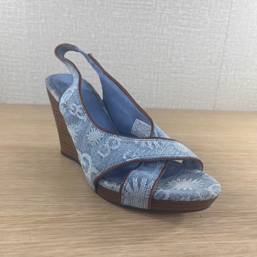 UGG Australia Denim Logo Slingback Wedge Sandals Blue Women's 6.5 Peep Toe